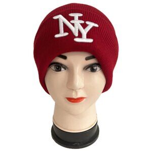 Embroidered NY Men Women Winter Knit Warm Fur lined Beanie Hat - Red